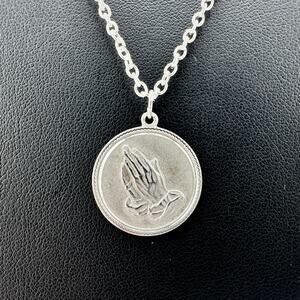 Serenity Prayer Praying Hands Inspirational Silver Tone Medallion 18" Necklace